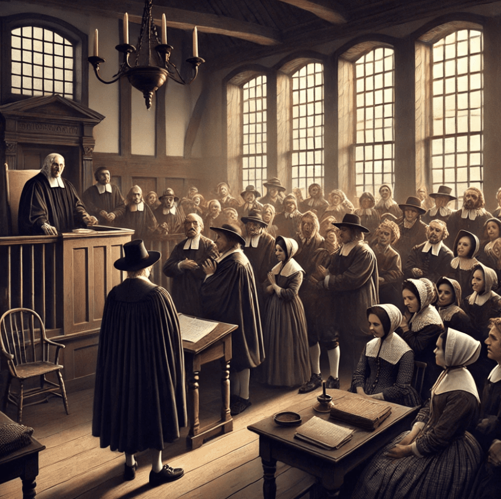 Here's the depiction of the end of the Salem witch trials. It captures the moment in the courtroom with a sense of relief and justice as the accused are being released and families are reunited. Let me know if there's anything you'd like to adjust or add!