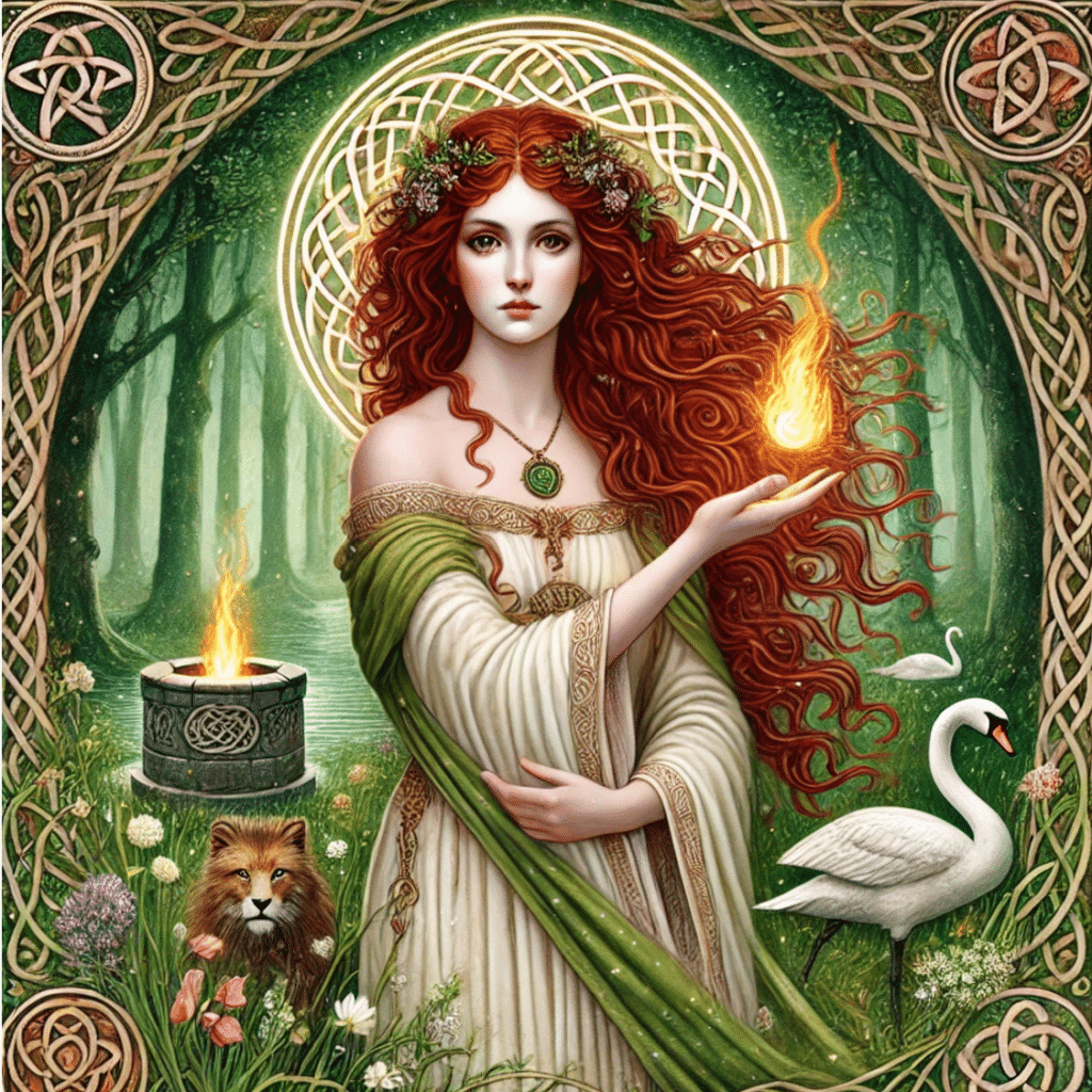 Illustration of Brigid, the Celtic goddess of fire, poetry, healing, and smithcraft, standing gracefully in an ancient forest at dawn. She has flowing red hair adorned with wildflowers, wearing a white gown with green and gold Celtic designs. In one hand, she holds a small flame symbolizing her connection to fire, while her other hand touches a stone well with Celtic engravings, representing healing. Around her are symbols of nature, including a swan and a wolf, amidst lush greenery and blooming flowers. The scene is mystical and serene, capturing Brigid’s strength, wisdom, and compassion