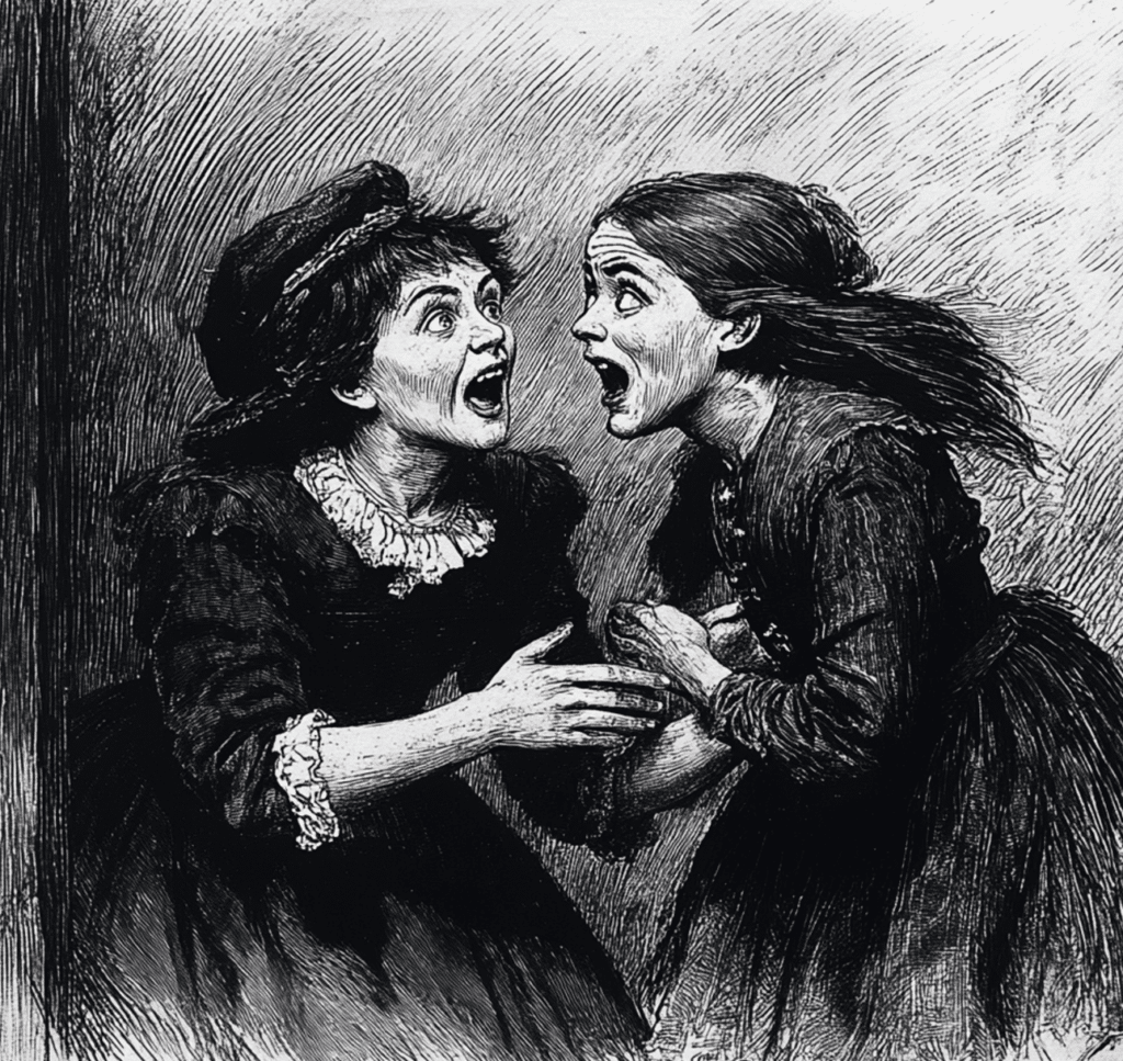 This illustration portrays Betty Parris and her cousin Abigail Williams during one of their alarming episodes in the Salem Witch Trials of 1692. The two girls, aged nine and eleven, respectively, were among the first to exhibit mysterious behaviors, including screaming, convulsing, and speaking incoherently. These actions, thought to be the result of witchcraft, triggered widespread fear and suspicion in Salem Village. Their dramatic afflictions and accusations against others in the community played a central role in sparking the hysteria that led to the infamous trials. The expressive artwork captures the panic and confusion of the moment.