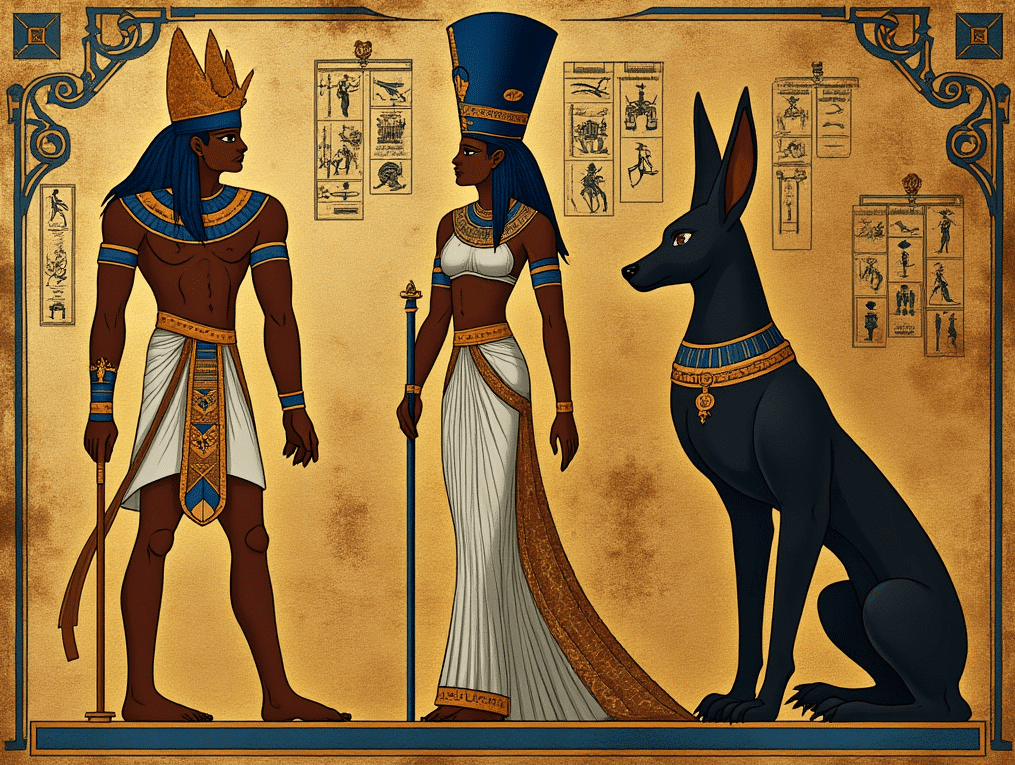 Egyptian Mythology Gods Egyptian sun god Ra Isis Goddess and Anubis Jackal headed God