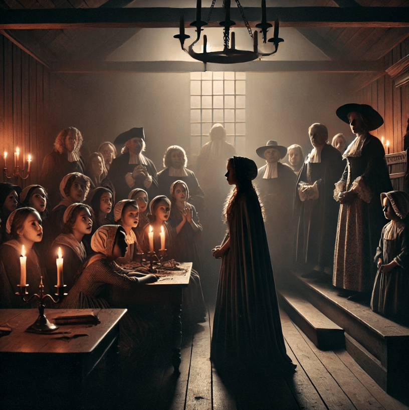  A dramatic courtroom scene depicting the Salem Witch Trials of 1692. The image shows a dimly lit room with flickering candlelight, young girls pointing and accusing a woman in Colonial attire who stands at the center. Judges in traditional 17th-century robes sit behind a wooden bench, while a crowd of concerned onlookers dressed in period clothing watches in tense silence. The atmosphere is heavy with fear and hysteria, capturing the tragic events of the witch trials.