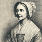 "An artistic vintage-style black-and-white portrait of Susannah Martin, a woman in her seventies from the late 17th century. She is shown wearing a modest colonial-era dress and a white bonnet, with a resolute expression. The drawing reflects an old-fashioned etching style, evoking historical illustrations from the Salem witch trials era.