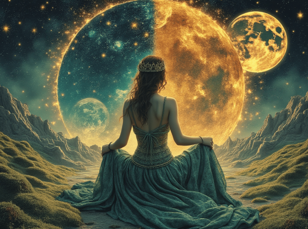 Illustration of a serene landscape featuring diverse Pagan goddesses embodying elements of nature like earth, sky, sea, moon, and sun, symbolizing life, death, and rebirth.