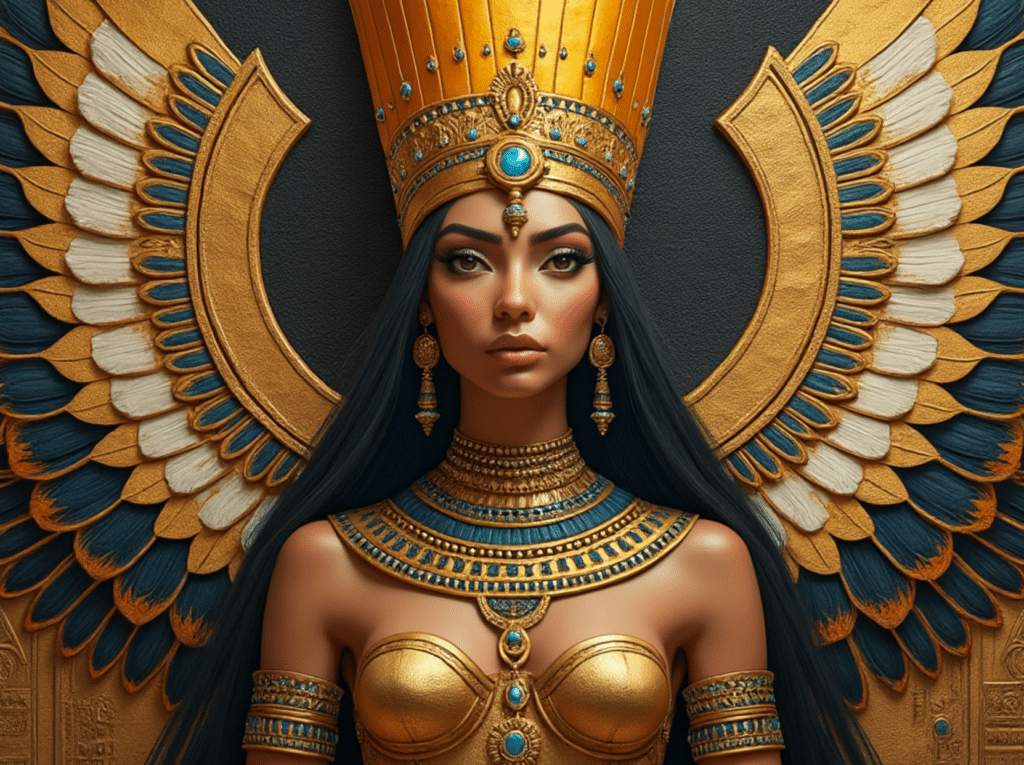 Artistic depiction of the Egyptian goddess Isis, adorned in a golden headdress with intricate blue and turquoise jewels. She wears a detailed collar necklace and large earrings, symbolizing her regal and divine nature. Isis is framed by large, stylized wings and the sun disk, reflecting her roles as a goddess of magic, protection, and motherhood in ancient Egyptian mythology. Her serene, powerful expression embodies wisdom and authority.