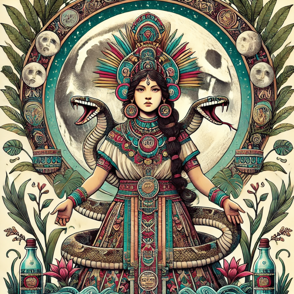 Illustration of Ix Chel, the Mayan goddess of fertility, medicine, and the moon, standing with a snake headdress that symbolizes wisdom and her connection to nature. She is dressed in traditional Mayan attire with intricate patterns and vibrant colors. Ix Chel is surrounded by symbols of rain, water, and plants that represent fertility and growth. The moon glows in the background, highlighting her link to lunar cycles and childbirth. Her expression is calm and wise, embodying her role as a protector of women, life, and natural cycles. The image respectfully captures the essence of Mayan spirituality and culture