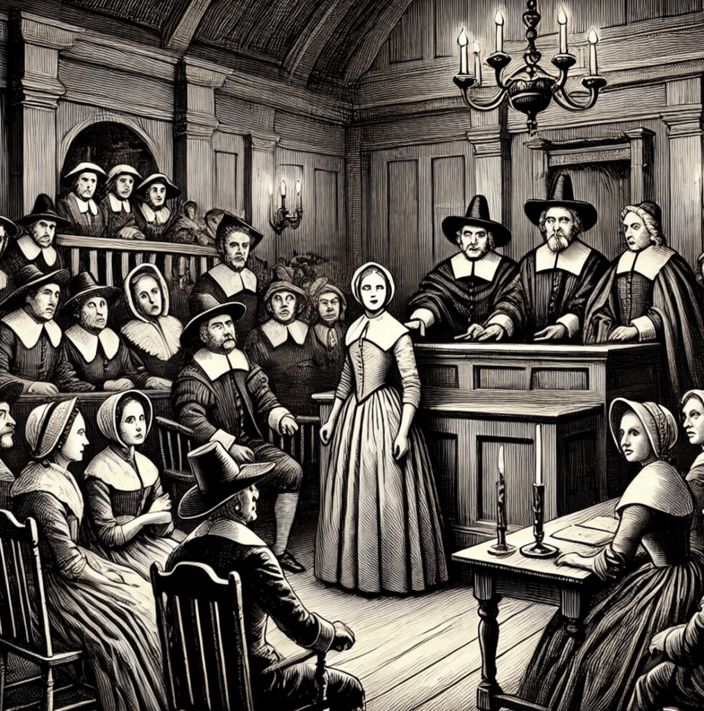 An old-fashioned black-and-white drawing depicting a courtroom scene from the Salem witch trials of 1692. The image features Puritan judges seated at a wooden table, accusers pointing in fear and hysteria, and a woman accused of witchcraft standing defiantly in modest colonial attire. The crowded room includes villagers watching the trial with tense expressions. The setting is detailed with wooden benches, dark wood paneling, and candlelight, rendered in a historical etching style evocative of 17th-century New England.