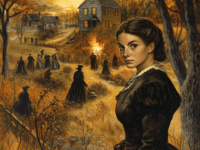 A historical illustration depicting Sarah Wildes, a victim of the Salem Witch Trials, standing solemnly in the foreground with a determined expression. She wears a dark 17th-century Puritan dress, her hair neatly pinned back. In the background, a colonial village is shown with a fiery, ominous glow as a group of figures in black robes gathers. The setting is autumn, with barren trees and golden leaves accentuating the somber atmosphere. The image captures the tension and fear of the Salem Witch Trials, with Sarah appearing as a symbol of quiet resilience amidst the hysteria.