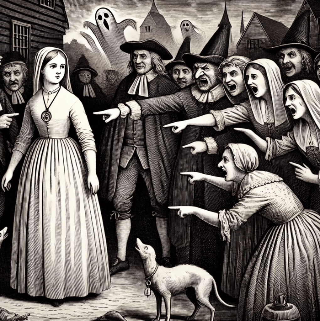 Vintage-style black-and-white drawing depicting Susannah Martin during the Salem witch trials. Susannah stands calmly in modest colonial attire while a group of frightened villagers points at her in hysteria. In the background, ghostly specters resembling Susannah loom, symbolizing spectral evidence. The scene also includes symbols of the accusations, such as sick animals and overturned beer barrels, capturing the fear and superstition of the time.