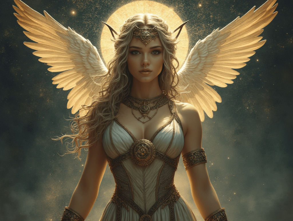 Artistic portrayal of the Norse goddess Freyja, depicted with golden wings and a radiant glow behind her, symbolizing her divine beauty and power. She wears an ornate headpiece, intricate jewelry, and a detailed armor-like dress, representing her roles as a goddess of love, beauty, and war. Her expression is both serene and fierce, embodying her complex nature as a powerful figure in Norse mythology.