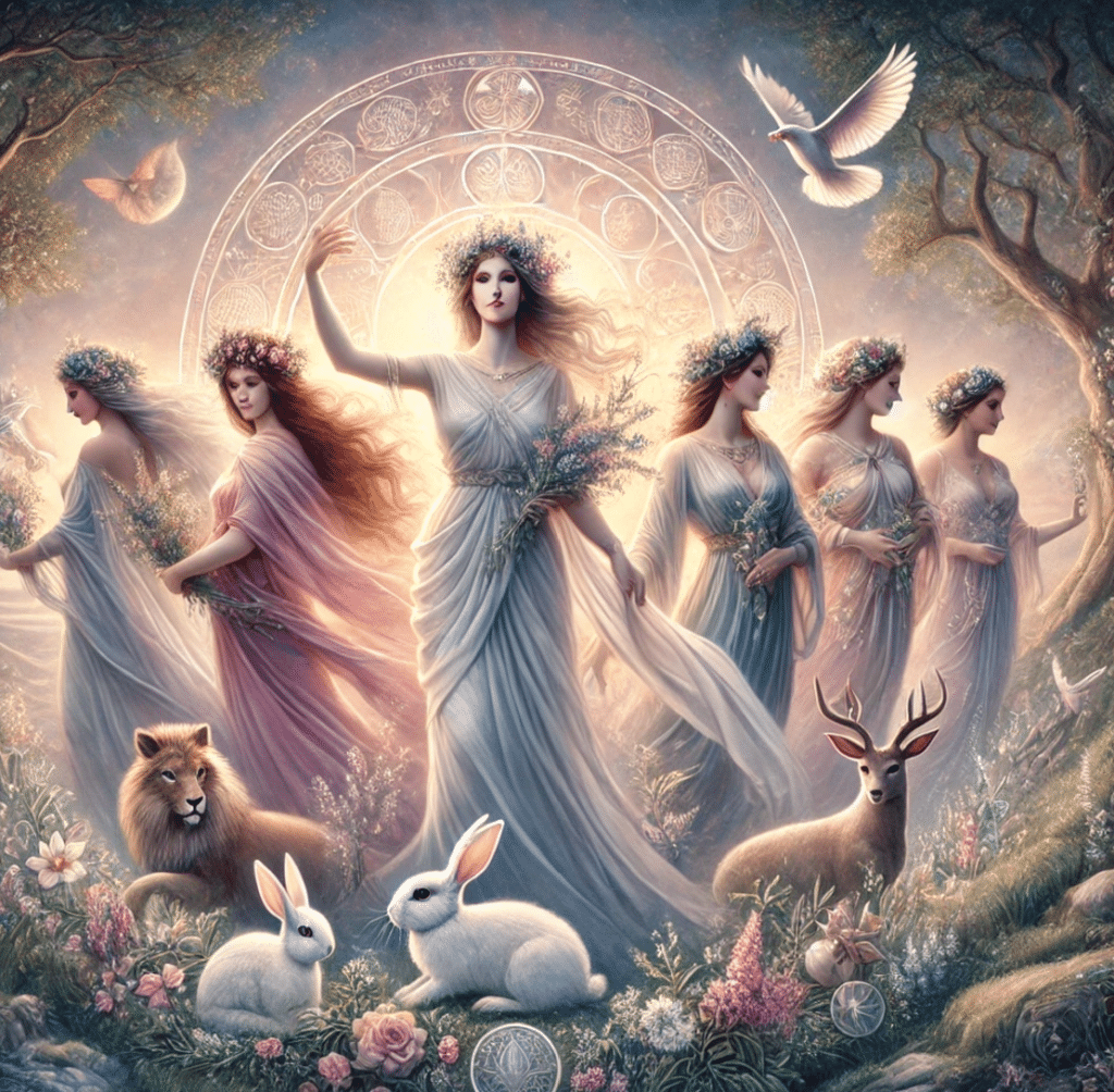 Illustration of Pagan goddesses symbolizing life, fertility, nature, and protection, standing in a serene natural environment with soft, mystical light. Each goddess is dressed in flowing gowns, exuding a nurturing and protective presence with gentle, wise expressions. Surrounding them are symbols of nature, including flowers, trees, and gentle animals, highlighting their connection to earth and life. The atmosphere is spiritual and reverent, capturing the strength, compassion, and serenity associated with goddesses in Pagan religions