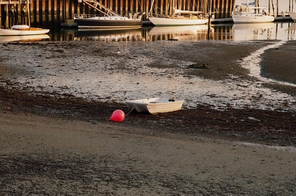 A photo of Salem Harbor during low tide, showing a small white boat on the muddy shore with a bright pink buoy nearby. Larger boats are anchored in the calm water in the background, with the reflection of the boats visible on the water's surface.