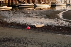 A photo of Salem Harbor during low tide, showing a small white boat on the muddy shore with a bright pink buoy nearby. Larger boats are anchored in the calm water in the background, with the reflection of the boats visible on the water's surface.