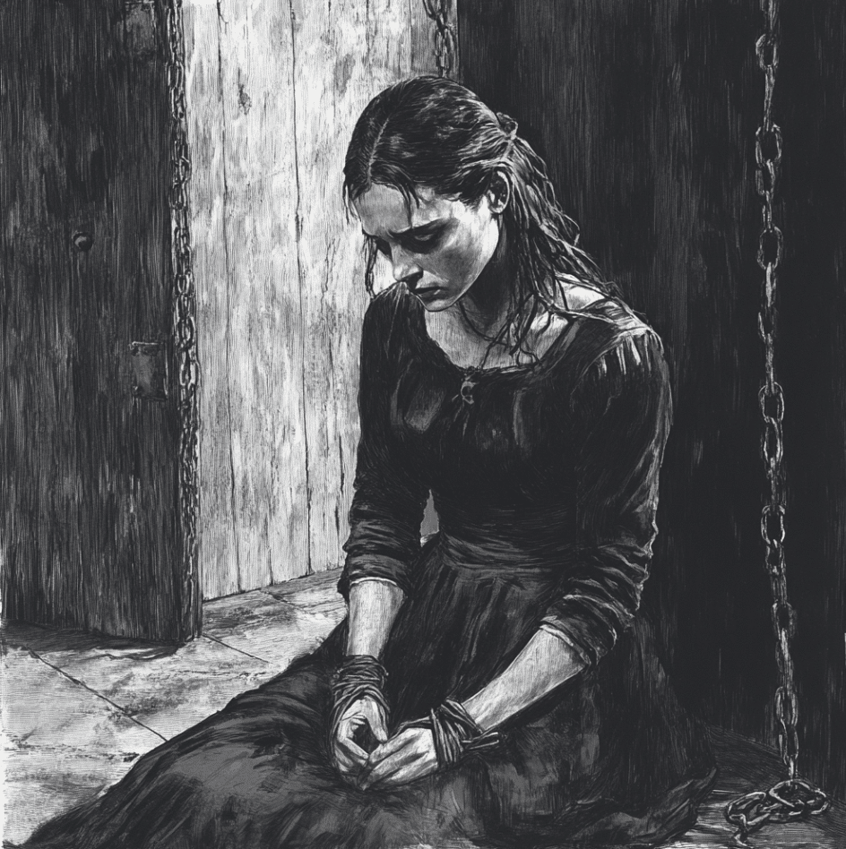 A somber black-and-white illustration of Sarah Wildes in a Salem prison during the Salem Witch Trials of 1692. She sits on the cold stone floor with her hands bound, her head lowered in quiet despair. Her dark dress appears worn, and chains hang ominously in the background, symbolizing the harsh and unjust conditions faced by those accused of witchcraft. The image conveys the isolation and suffering endured by Sarah and others who were imprisoned under false accusations during this tragic chapter in colonial history.