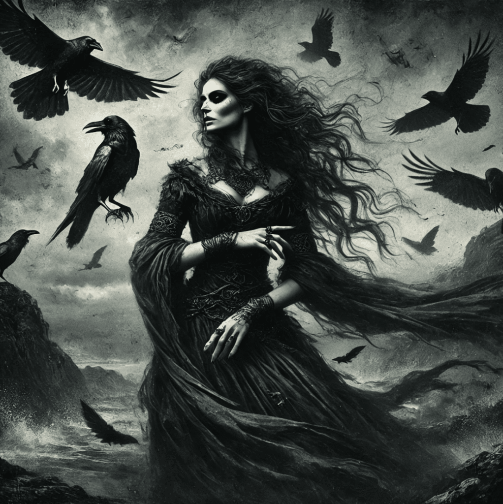 Illustration of The Morrígan, the Celtic goddess of war, fate, and prophecy, standing in a dark, mystical landscape. She is dressed in flowing black robes with wild hair, exuding an intense and powerful presence. Black ravens and crows surround her, symbolizing her connection to battle and death. The background features a stormy sky and rugged terrain, enhancing the dark, foreboding atmosphere. The Morrígan's expression is fierce and mysterious, capturing her role as a powerful figure of fate and transformation in Celtic mythology.