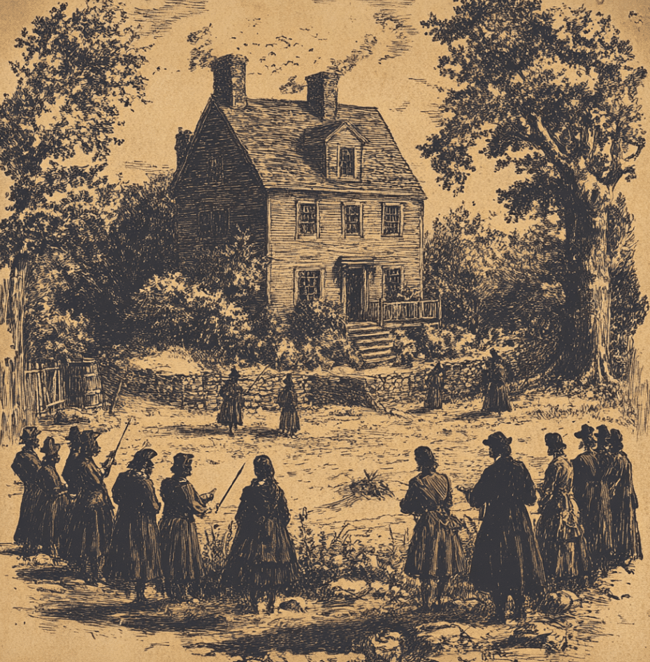 This illustration depicts a scene from the Salem Witch Trials of 1692, showcasing a colonial-era home surrounded by figures engaged in what appears to be a judicial or accusatory gathering. The Salem Witch Trials were a series of hearings and prosecutions held in Salem Village, Massachusetts, where over 200 individuals were accused of practicing witchcraft. The hysteria, fueled by fear, superstition, and social tensions, led to 20 executions and remains one of the most infamous episodes of mass panic in American history. This artwork captures the somber and intense atmosphere of the trials, where accusations could have devastating consequences for the accused.
