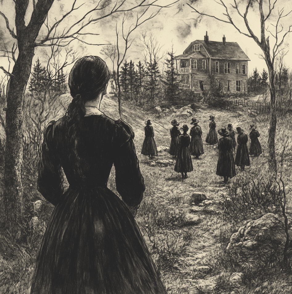 This illustration depicts a young woman watching from a distance as a group of Puritans gather near a colonial home, evoking the atmosphere of Salem Village during the Salem Witch Trials of 1692. The figure could represent Betty Parris, the nine-year-old daughter of Reverend Samuel Parris, whose mysterious afflictions were among the first signs of the hysteria that led to the infamous trials. Betty's accusations, along with those of her cousin Abigail Williams, helped ignite a wave of fear and suspicion that consumed the community. This image captures the isolation, tension, and paranoia of the time, reflecting the impact of Betty’s role in these tragic events.