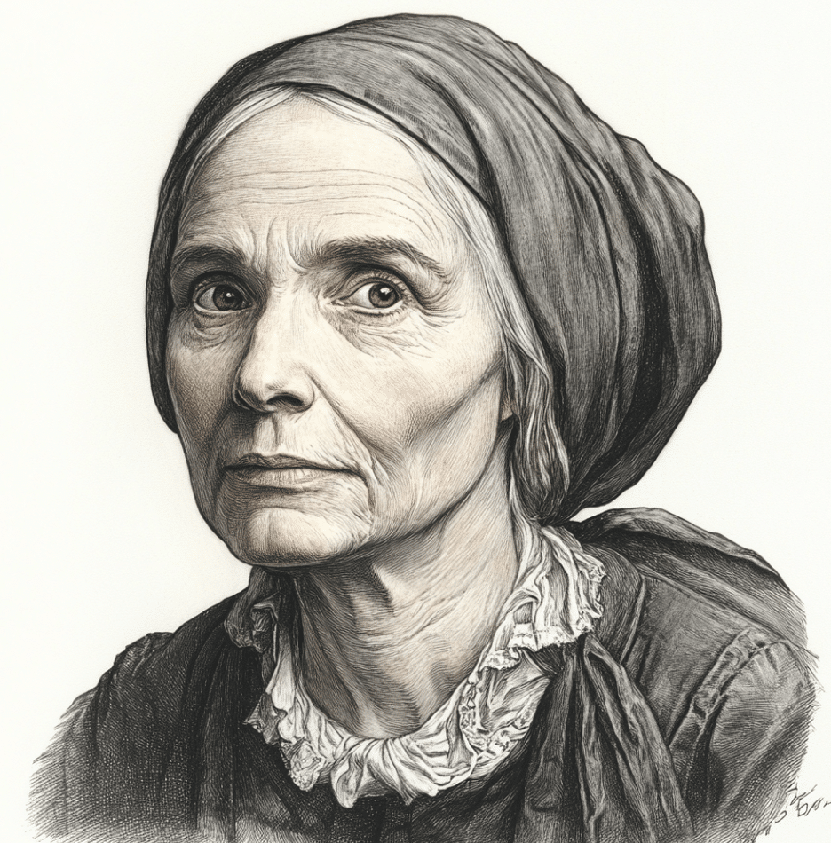 This illustration reimagines Betty Parris in her later years, long after the Salem Witch Trials of 1692. As a nine-year-old girl, Betty's mysterious afflictions were one of the first sparks of the witchcraft hysteria that gripped Salem Village. However, after being sent away to live with relatives during the height of the trials, she faded from the public eye. This image reflects Betty as an older woman, years removed from the chaos of her childhood. In adulthood, she married Benjamin Baron, raised four children, and lived a quiet life in Massachusetts until her death in 1760 at the age of 77. The expression here conveys a sense of introspection and wisdom, perhaps shaped by the events that defined her early life and her journey beyond them.