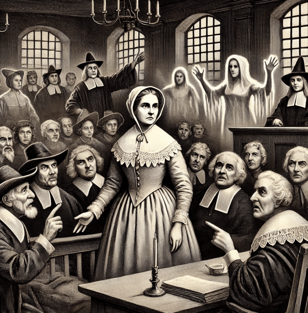 An old-fashioned black-and-white drawing depicting Susannah Martin during her trial at the Salem witch trials of 1692. Susannah, an elderly woman in colonial attire, stands confidently in a crowded courtroom as witnesses accuse her of witchcraft. Some point in hysteria, while faint ghostly shapes symbolize spectral evidence. Puritan judges sit sternly at a wooden table, observing the trial, while the background includes villagers watching with tense expressions. The image is rendered in a vintage etching style, highlighting the drama and injustice of the scene.