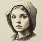This is a historical illustration representing a young Puritan girl, inspired by Elizabeth "Betty" Parris, one of the key figures in the Salem Witch Trials of 1692. Betty, the nine-year-old daughter of Reverend Samuel Parris, lived in Salem Village, now modern-day Danvers, Massachusetts. Her mysterious behavior and claims of being afflicted by witchcraft played a pivotal role in sparking the trials, which led to widespread fear, accusations, and tragic consequences in the community. This depiction highlights the innocence and youth of Betty during a time of fear and mass hysteria.