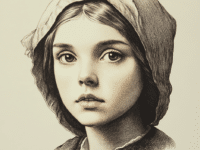 This is a historical illustration representing a young Puritan girl, inspired by Elizabeth "Betty" Parris, one of the key figures in the Salem Witch Trials of 1692. Betty, the nine-year-old daughter of Reverend Samuel Parris, lived in Salem Village, now modern-day Danvers, Massachusetts. Her mysterious behavior and claims of being afflicted by witchcraft played a pivotal role in sparking the trials, which led to widespread fear, accusations, and tragic consequences in the community. This depiction highlights the innocence and youth of Betty during a time of fear and mass hysteria.
