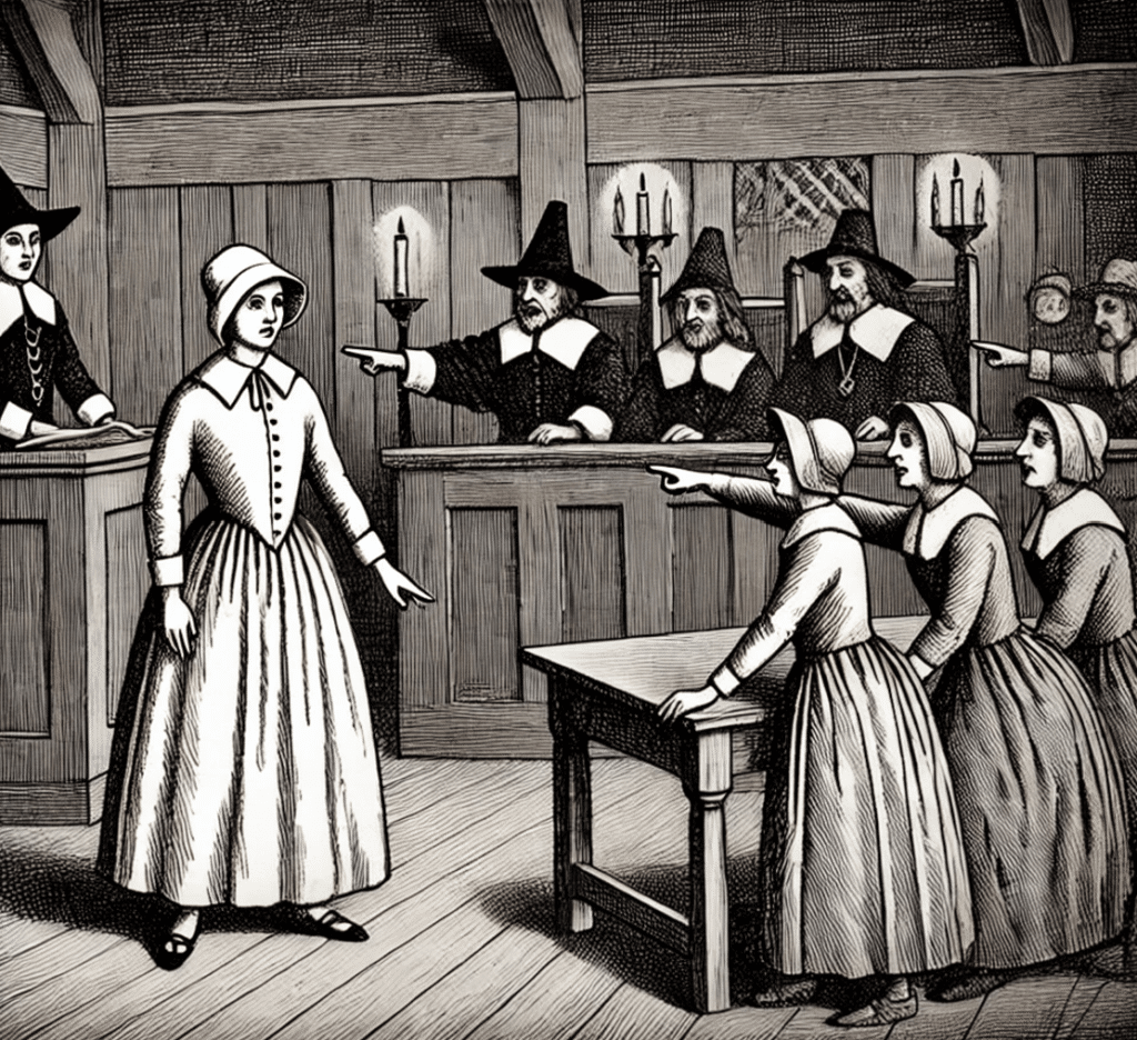 An old-fashioned black-and-white drawing depicting Susannah Martin being accused of witchcraft during the Salem witch trials. She stands in a modest colonial-era dress with a resolute expression, facing a panel of Puritan judges seated behind a wooden table. Around her, accusers, including young girls, point at her in fear and hysteria. The courtroom features wooden benches, candles, and dim lighting, illustrated in a historical etching style evocative of 17th-century artwork.