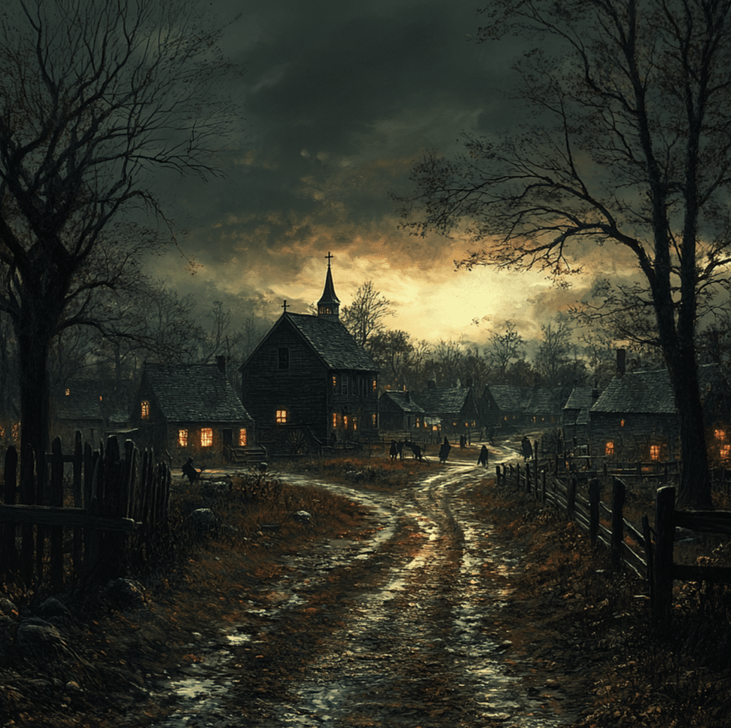 This illustration captures a dark and atmospheric depiction of Salem Village, the small Puritan farming community in colonial Massachusetts where the Salem Witch Trials began in 1692. Salem Village, now modern-day Danvers, was characterized by its isolation, simple wooden homes, and strong religious fervor. The central church seen here symbolizes the strict Puritan faith that governed daily life and contributed to the tensions and fears leading to the infamous witchcraft accusations. The eerie lighting and empty streets evoke the sense of unease and suspicion that gripped the community during this tumultuous period in American history.