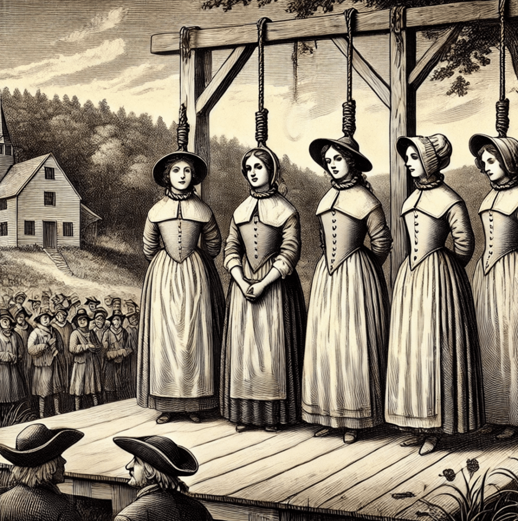 A vintage-style black-and-white drawing depicting the execution of Susannah Martin and four other women on Proctor’s Ledge during the Salem witch trials on July 19, 1692. The women stand together on a wooden platform, dressed in modest colonial attire, with nooses around their necks. The backdrop features a wooded hillside, and a small crowd of villagers watches solemnly from a distance. The somber scene is illustrated in a historical etching style, reflecting the tragedy and injustice of the event.