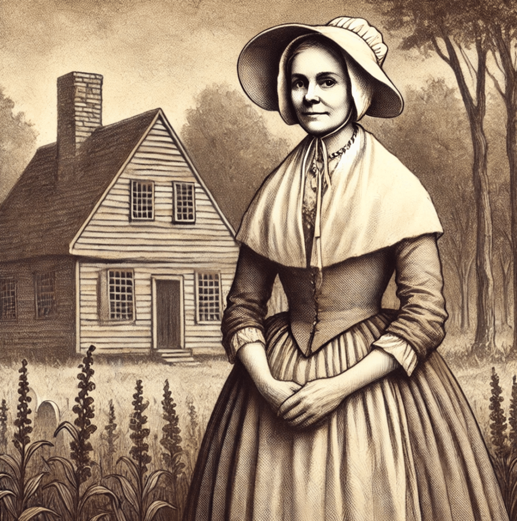An artistic depiction of Susannah Martin, a woman in her seventies during the Salem witch trials, standing confidently in modest colonial-era attire, including a bonnet and simple dress. The background features a rural 17th-century New England setting with a small wooden farmhouse, trees, and a rustic fence. The illustration conveys her resilience and strength in the face of accusations, rendered in a historical style reminiscent of the period.