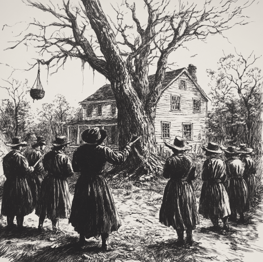 This illustration depicts a dramatic scene inspired by the Salem Witch Trials of 1692, with a group of somber Puritans gathered near a large, barren tree and a colonial home in the background. The ominous atmosphere and the hanging object from the tree evoke the grim reality of the trials, during which accusations of witchcraft led to widespread fear and unjust executions. The stark contrast and eerie setting highlight the tension and suspicion that permeated Salem Village, where neighbors turned against one another in a frenzy of paranoia and superstition.