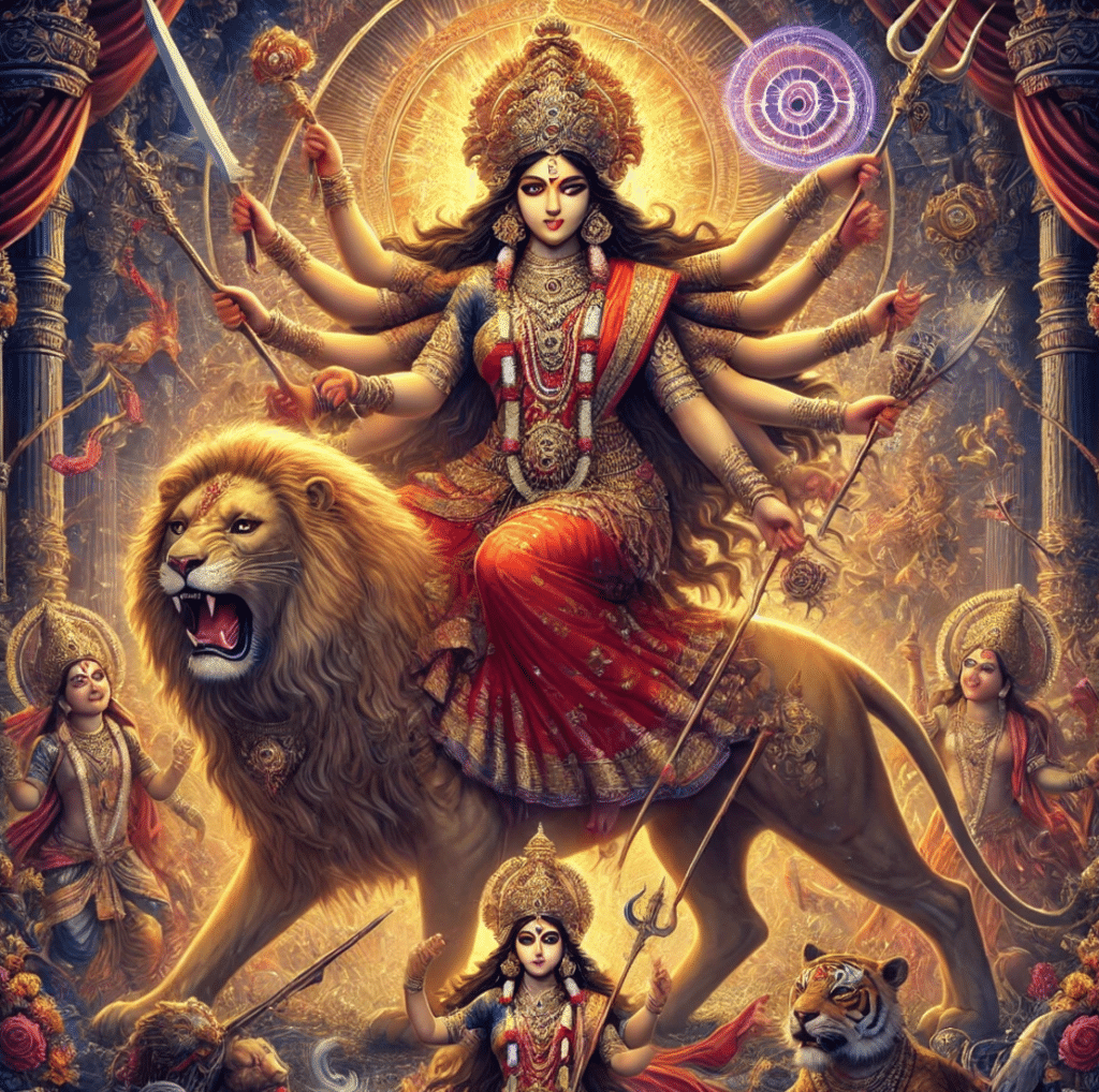 Illustration of Durga, the Hindu warrior goddess, riding a fierce tiger, surrounded by a divine aura. She is dressed in vibrant red and gold attire, symbolizing strength and power. With multiple arms, she holds a variety of weapons, including a sword, trident, bow, and chakra, each representing her ability to protect and fight evil. Her expression is both fierce and compassionate, embodying her role as the world’s protector. The background features elements of the Durga Puja festival, with flowers, incense, and glowing lights, symbolizing the celebration of her victory over the demon Mahishasura and the triumph of good over evil.