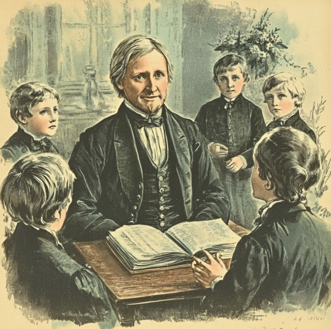 An illustration depicting Dr. Nathaniel Peabody seated at a table with an open book, surrounded by children who are attentively listening. Dressed in formal 19th-century attire, Dr. Peabody is shown as a teacher-like figure, emphasizing his dedication to education and intellectual growth. The setting is a warmly lit room with a window and plants in the background, suggesting a nurturing environment for learning. This image reflects Dr. Peabody's values of education, community, and guidance, which he instilled in his own family and those around him.