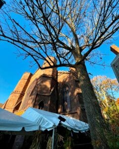 The Salem Witch Museum in Salem, Massachusetts, with its Gothic architecture highlighted against a clear blue sky, partially obscured by the bare branches of a large tree. A white tent in the foreground adds a modern contrast to the historic building.