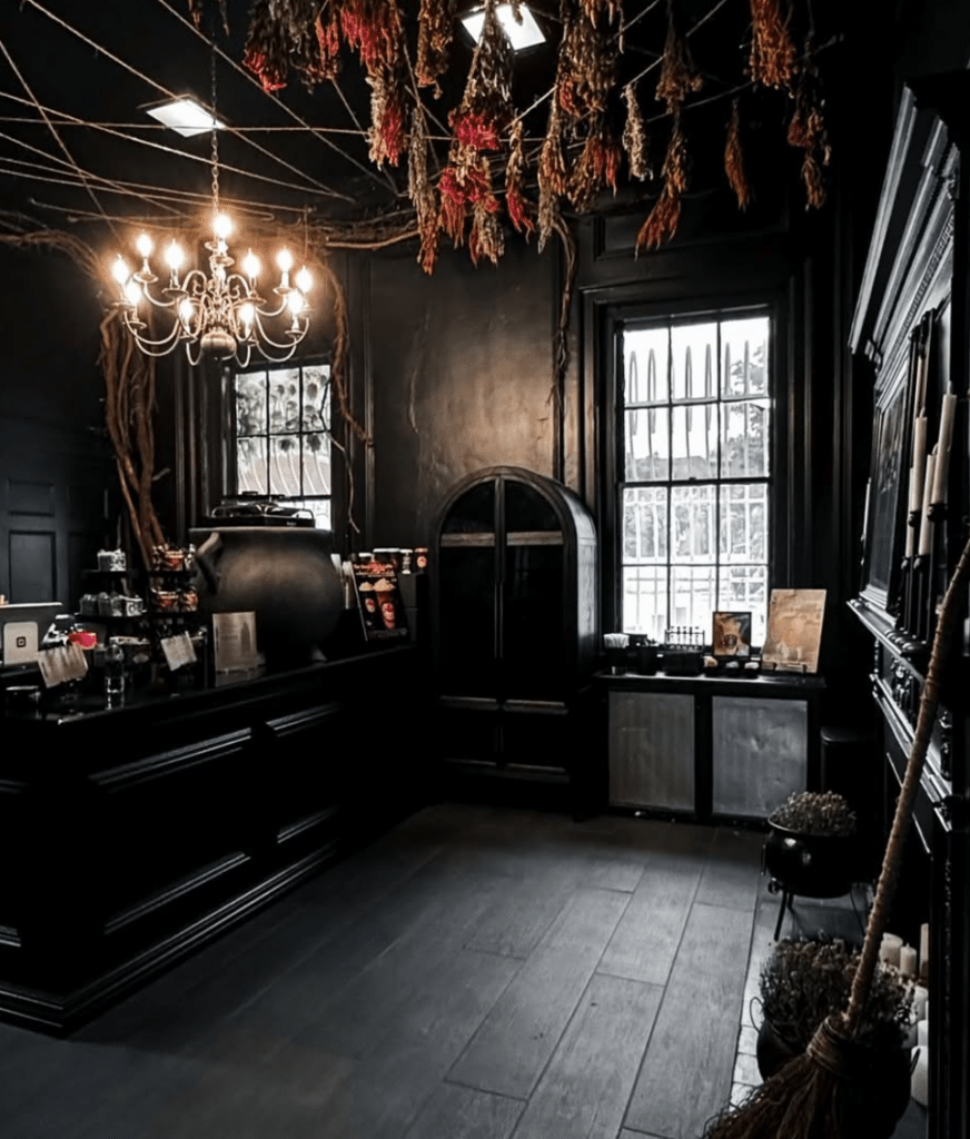 Black interior at Blackcraft Cult in Salem, Massachusetts, featuring a cauldron, dried hanging florals, gothic cabinetry, and a glowing chandelier.