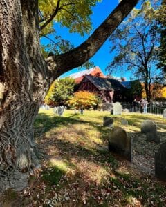 A large tree with intricate bark casting shadows over gravestones at Old Burying Point Cemetery in Salem Massachusetts, with vibrant autumn foliage and historic wooden buildings in the background.
