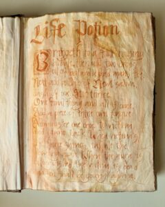 An aged spellbook page detailing the recipe for a life potion, written in orange ink with Gothic lettering and decorative initials
