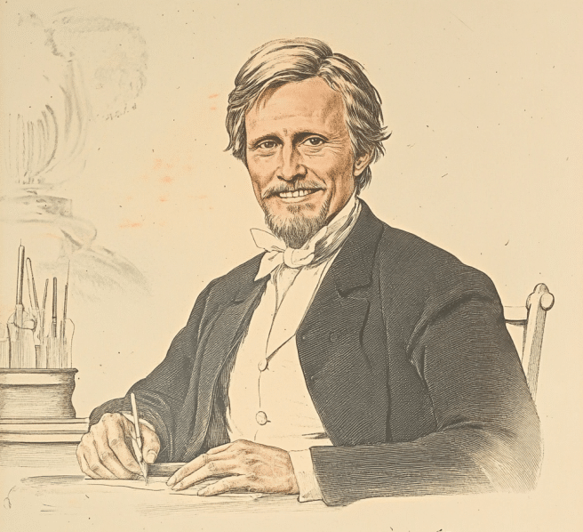 A colored illustration of Dr. Nathaniel Peabody seated at a desk, holding a pen with a poised and cheerful expression. He is dressed in 19th-century formal attire, including a bow tie and waistcoat. The background features a vase and writing tools, reflecting his intellectual pursuits and profession as a physician and dentist. Dr. Peabody is remembered for his contributions to medicine, education, and his influence on his accomplished daughters. The image captures his distinguished and approachable demeanor.