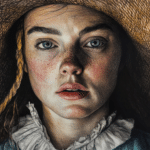A detailed artistic depiction of Elizabeth Howe, one of the victims of the Salem witch trials. The illustration shows a young woman with freckled skin, piercing blue eyes, and a solemn expression. She wears 17th-century attire, including a lace-collared garment and a straw bonnet, with her hair loosely framing her face. The image captures her emotional resilience and vulnerability, reflecting the tragic events of the Salem witch trials in 1692.