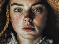 A detailed artistic depiction of Elizabeth Howe, one of the victims of the Salem witch trials. The illustration shows a young woman with freckled skin, piercing blue eyes, and a solemn expression. She wears 17th-century attire, including a lace-collared garment and a straw bonnet, with her hair loosely framing her face. The image captures her emotional resilience and vulnerability, reflecting the tragic events of the Salem witch trials in 1692.