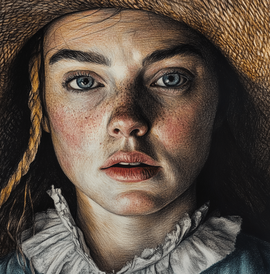 A detailed artistic depiction of Elizabeth Howe, one of the victims of the Salem witch trials. The illustration shows a young woman with freckled skin, piercing blue eyes, and a solemn expression. She wears 17th-century attire, including a lace-collared garment and a straw bonnet, with her hair loosely framing her face. The image captures her emotional resilience and vulnerability, reflecting the tragic events of the Salem witch trials in 1692.