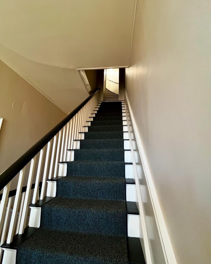 A narrow staircase inside the Salem Custom House in Salem, Massachusetts, featuring white railings, dark carpeted steps, and simple beige walls.