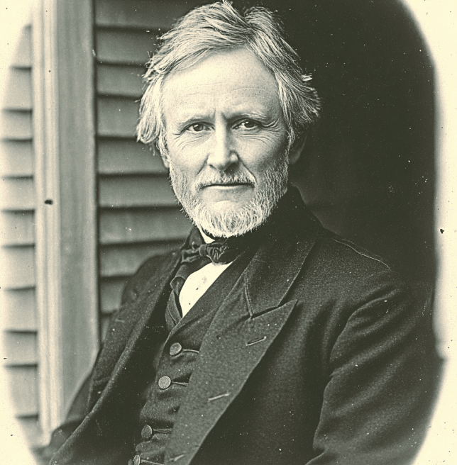 A black-and-white photograph of a distinguished older man, believed to be Dr. Nathaniel Peabody, with a well-groomed white beard and a composed expression. He is dressed in formal 19th-century attire, including a suit and bow tie, seated in front of a wooden-paneled building. His calm gaze and refined appearance reflect his role as a respected physician, dentist, and advocate for education. This image captures his thoughtful demeanor and enduring influence as a figure of intellect and progress in his era.