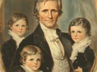 A painted portrait of Dr. Nathaniel Peabody with three young children, showcasing his role as a dedicated father. Dressed in formal 19th-century attire with a white cravat and dark coat, he exudes warmth and confidence. The children, dressed in elegant period clothing with lace collars, sit close to him, symbolizing their familial bond. This image highlights Dr. Peabody's emphasis on education, nurturing, and the development of his children, who later became influential figures in literature, education, and art. The painting conveys a sense of intimacy and pride within the family.