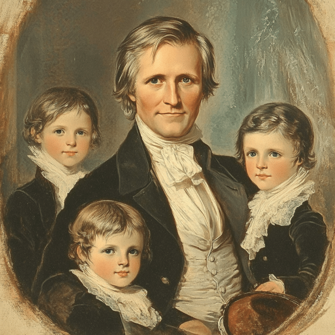 A painted portrait of Dr. Nathaniel Peabody with three young children, showcasing his role as a dedicated father. Dressed in formal 19th-century attire with a white cravat and dark coat, he exudes warmth and confidence. The children, dressed in elegant period clothing with lace collars, sit close to him, symbolizing their familial bond. This image highlights Dr. Peabody's emphasis on education, nurturing, and the development of his children, who later became influential figures in literature, education, and art. The painting conveys a sense of intimacy and pride within the family.