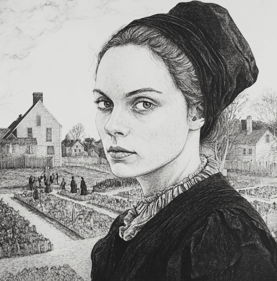 A detailed black-and-white illustration of a young woman in 17th-century Puritan attire, with a serious and contemplative expression. She stands against a backdrop of a colonial village, with wooden houses, fenced gardens, and villagers gathering in the distance. The scene captures the somber and reflective atmosphere of life during the Salem witch trials era.
