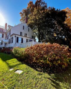 The Ropes Mansion in Salem, Massachusetts, with dried hydrangeas and fall foliage in the garden, bathed in autumn sunlight.