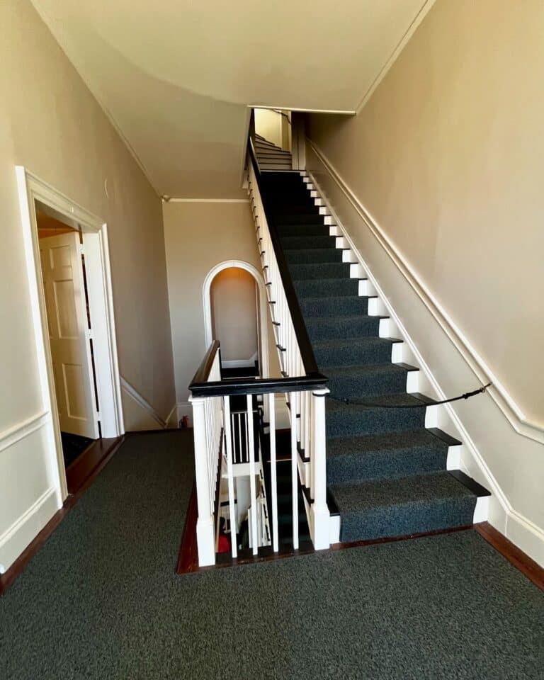An interior staircase at the Salem Custom House in Salem, Massachusetts, featuring simple white railings, dark carpet, and neutral-toned walls leading to the upper floor.