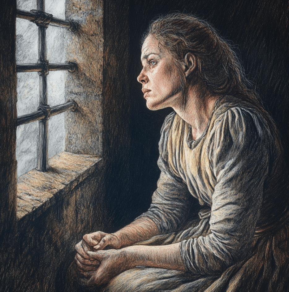 A somber illustration of a woman sitting in a dimly lit jail cell, gazing out of a barred window. She is dressed in simple 17th-century clothing, her hands clasped tightly in a gesture of despair or reflection. The light streaming through the window highlights her weary expression, capturing the emotional toll of imprisonment during the Salem witch trials.