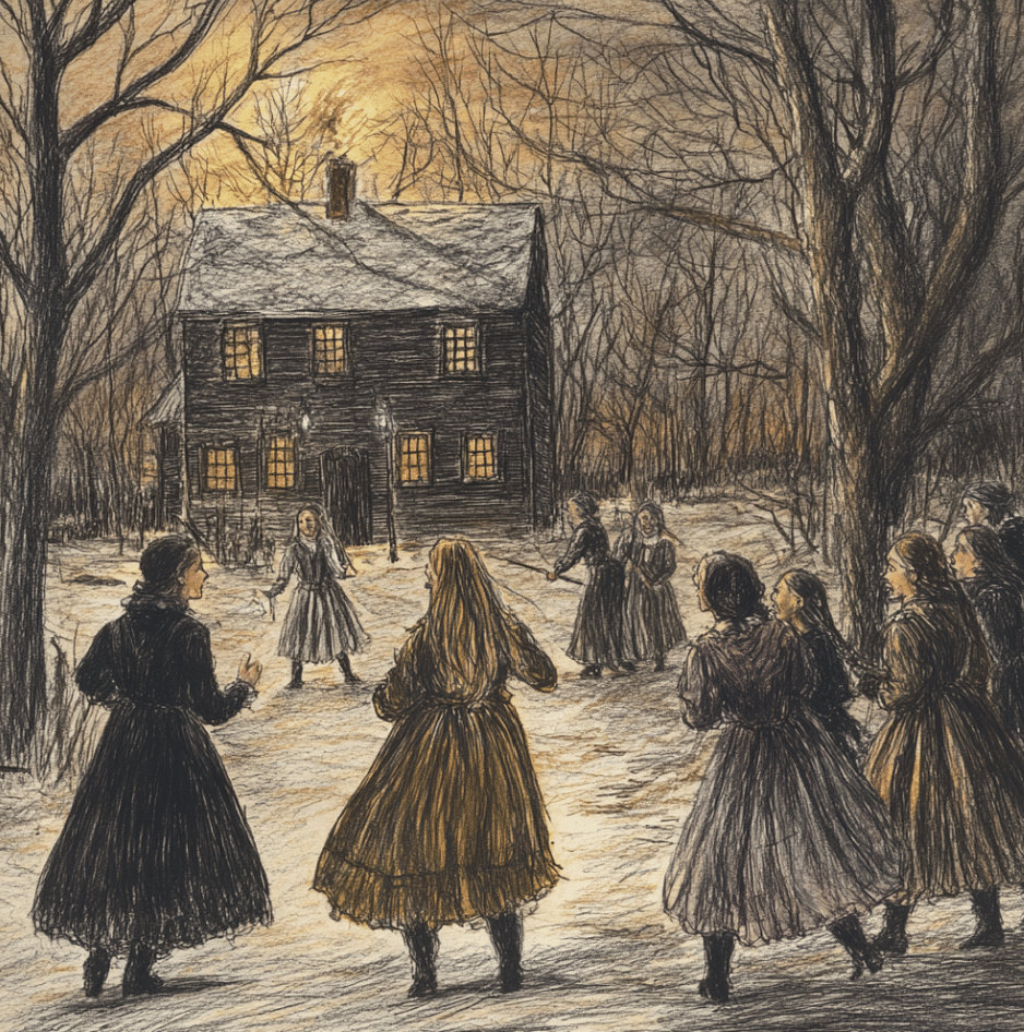 A color illustration of a dramatic night scene during the Salem witch trials era. A group of villagers, dressed in 17th-century clothing, surrounds a young woman in the snow outside a dark, wooden colonial house illuminated by warm candlelight from the windows. The setting is tense, with bare trees silhouetted against the orange glow of a winter sunset or fire, evoking suspicion and fear characteristic of the trials.