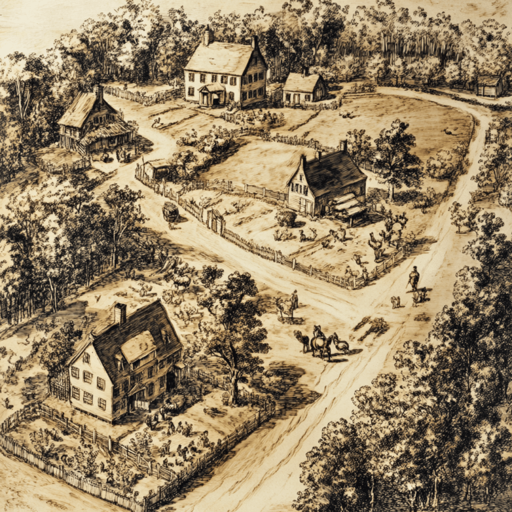 A detailed sepia-toned illustration of a 17th-century New England village. The scene features several colonial-style homes surrounded by fenced gardens, farmland, and wooded areas. Dirt roads connect the homes, with villagers walking, riding horses, and engaging in daily activities. The image captures the simplicity and rural charm of life in early colonial America.