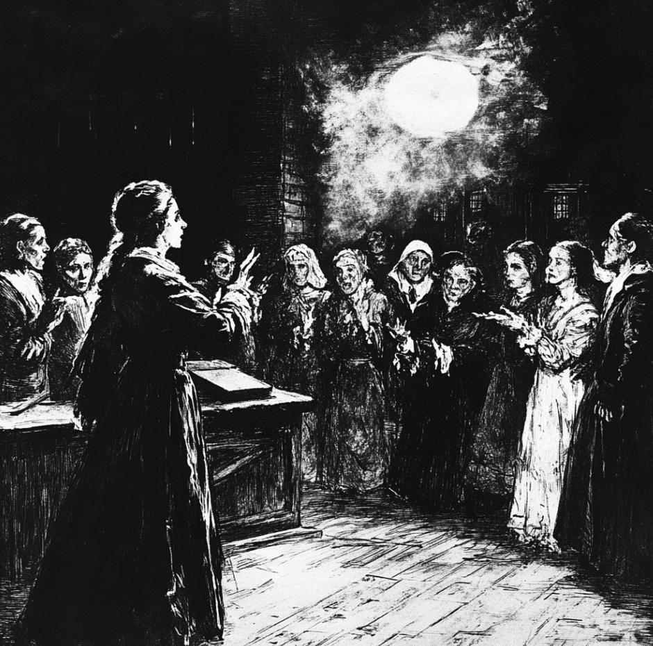 A dramatic black-and-white illustration of a heated scene during the Salem witch trials. A figure, possibly a preacher or accuser, stands at a desk gesturing emphatically, illuminated by an eerie, glowing light. A group of villagers, their expressions ranging from fear to fervor, reacts intensely, with some pointing or gasping. The dark, shadowy atmosphere highlights the tension and hysteria of the moment.